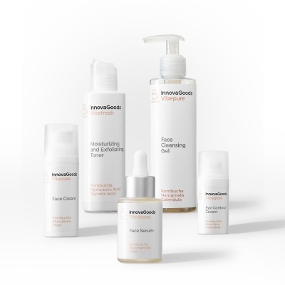 Produtos cosméticos brancos da InnovaGoods para cuidados do rosto numa superfície branca