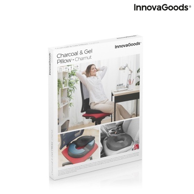 Embalagem branca do travesseiro InnovaGoods Charcoal & Gel Pillow com imagens do produto no uso