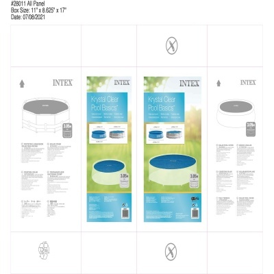 Product packaging for Intex blue solar pool cover with size and instructions.