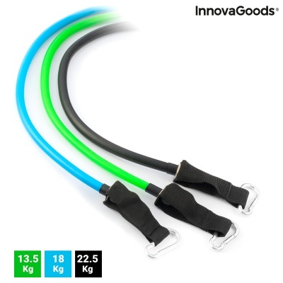 Três tubos elásticos de resistência com pegadores e ganchos metálicos em azul, verde e preto, pesando 13.5 Kg, 18 Kg e 22.5 Kg, marca InnovaGoods