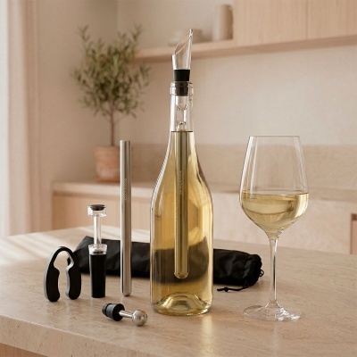 Conjunto de acessórios para vinho branco num balcão de cozinha com garrafa, copo e vários utensílios