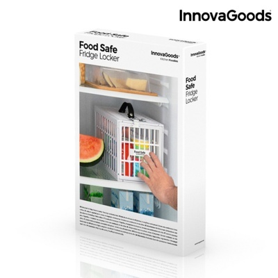 Embalagem do Food Safe Fridge Locker da InnovaGoods com foto do armário para alimentos no frigorífico