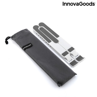 Suporte dobrável branco para portátil com bolsa cinzenta de armazenamento