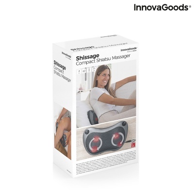 Caixa branca do massageador Shiatsu compacto com imagem do produto e mulher a usar