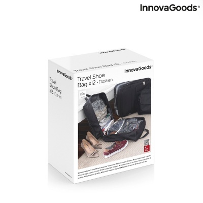 Caixa de embalagem branca com imagem de mala preta aberta e saco para sapatos preto com sapatos, texto Travel Shoe Bag XL2 - Doshen InnovaGoods