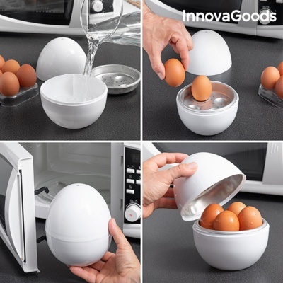 Dispositivo branco para cozer ovos no micro-ondas em várias etapas de uso.