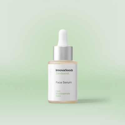 Frasco de sérum facial InnovaGoods Zenboost com conta-gotas e rótulo branco em fundo verde