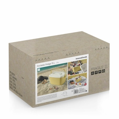 Caixa de embalagem castanha com fotos de frigorífico portátil amarelo InnovaGoods e texto em inglês