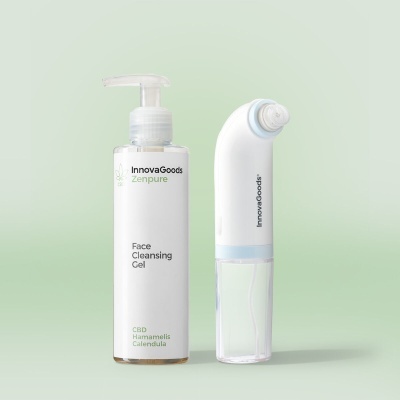 Gel de limpeza facial InnovaGoods com dispensador e aparelho de limpeza branco e azul sobre fundo verde claro