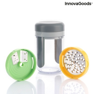 Conjunto de raladores de cozinha com recipiente transparente e tampas verdes, amarelas e cinzentas