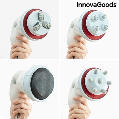 Dispositivo de massagem manual portátil InnovaGoods com quatro cabeças intercambiáveis em branco e vermelho
