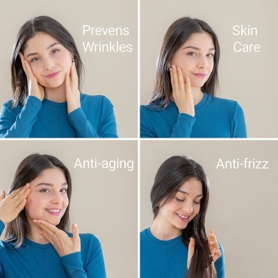 Mulher com cabelo castanho e camiseta azul em quatro poses, texto em inglês sobre cuidados com a pele