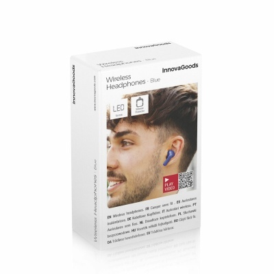 Embalagem branca de auriculares sem fios InnovaGoods azuis com imagem de homem a usar auriculares