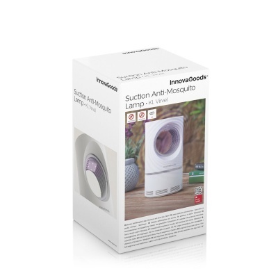 Embalagem branca do produto InnovaGoods Suction Anti-Mosquito Lamp com imagem do aparelho branco
