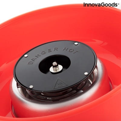 Máquina de algodão doce vermelha com peça preta marcada com 'DANGER HOT' e logo InnovaGoods.