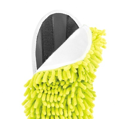 Luva de limpeza amarela felpuda com parte superior branca e faixa preta