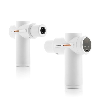 Massajador portátil branco em forma de T com detalhes em laranja e painel de controle circular.