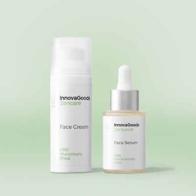 Frascos de creme e sérum facial InnovaGoods em fundo verde claro