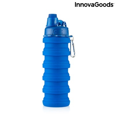 Garrafa desportiva azul dobrável com tampa e mosquetão