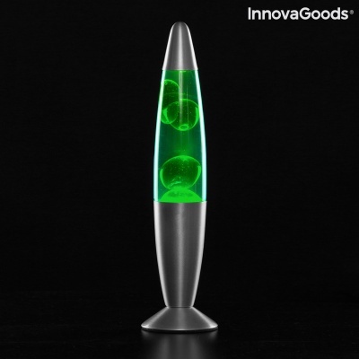 Candeeiro de lava InnovaGoods prateado com líquido verde e bolhas elétricas em fundo preto