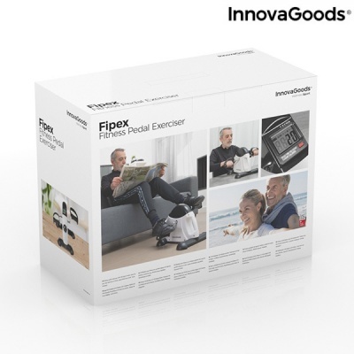 Caixa branca do exercício de pedaleira fitness Fipex da InnovaGoods com imagens do produto em uso