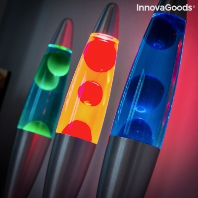 Três lâmpadas de lava coloridas InnovaGoods com bolhas internas e base metálica