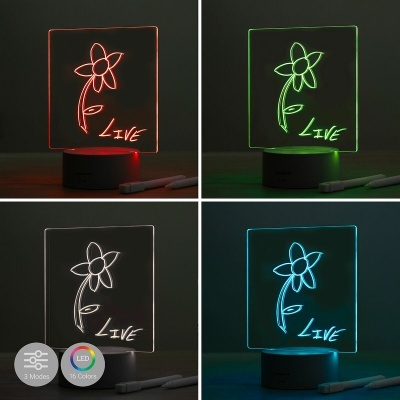 Quatro candeeiros LED com desenho de flor e texto LIVE em várias cores