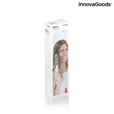 Embalagem de modelador de cachos InnovaGoods com imagem de mulher a usar o aparelho