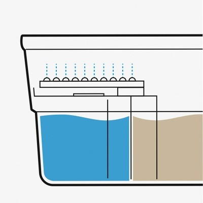 Esquema de recipiente dividido com líquidos azul e castanho claro e esferas cinzentas no topo
