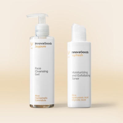 Dois frascos de cuidado facial InnovaGoods brancos com texto preto e laranja