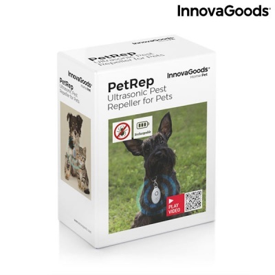 Caixa branca do produto PetRep da InnovaGoods com imagem de cão com dispositivo repelente ultrassónico