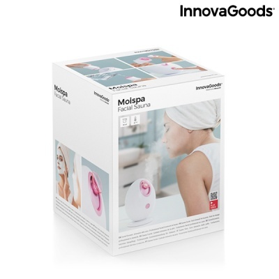 Embalagem do produto InnovaGoods Moispa Facial Sauna com imagem do aparelho e de mulher usando sauna