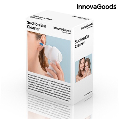 Embalagem branca do dispositivo de limpeza de orelhas Suction Ear Cleaner da InnovaGoods com imagens de uso