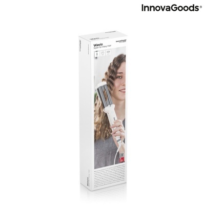 Embalagem branca de ferro de cabelo ondulado da marca InnovaGoods com imagem de mulher a usar o produto