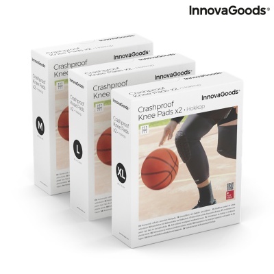 Caixas brancas de protetores de joelho InnovaGoods Crashproof, tamanhos M, L, XL, com imagem de jogador de basquete.