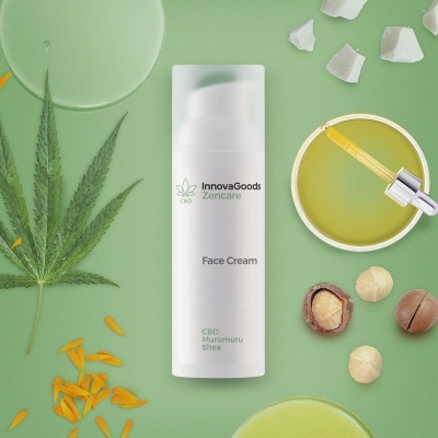 Creme facial InnovaGoods Zencare branco com tampa, folhas e óleo verde claro ao redor