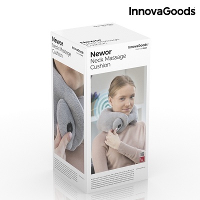 Embalagem do InnovaGoods Newor Neck Massage Cushion com imagem de mulher a usar almofada cinzenta