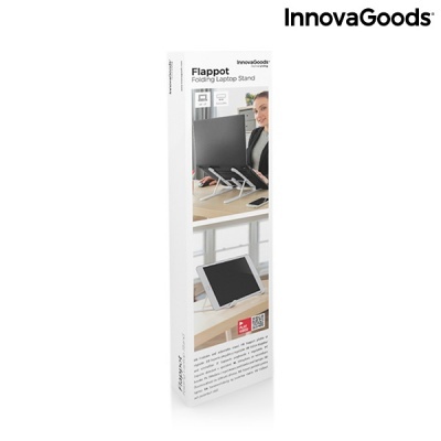Embalagem do suporte para portátil Flappot da InnovaGoods com imagens do produto e texto em inglês.