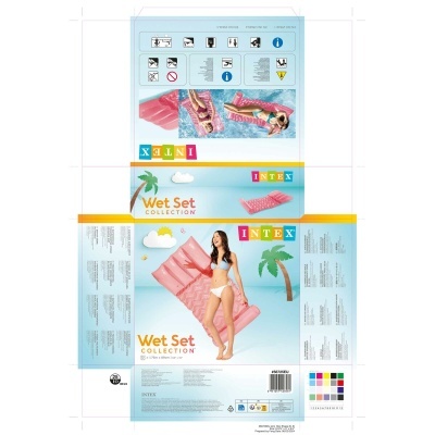 Embalagem Intex Wet Set Collection colchão insuflável rosa com mulher em fato-de-banho no fundo azul claro