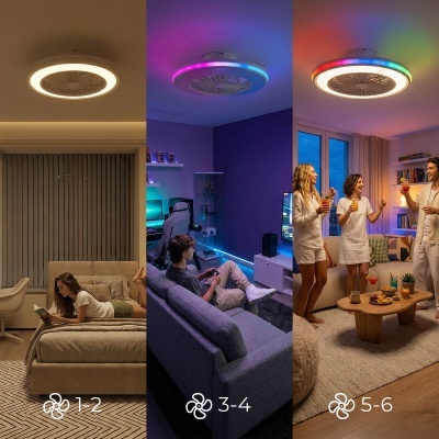 Ventilador de teto com luz LED branca e RGB em vários ambientes interiores