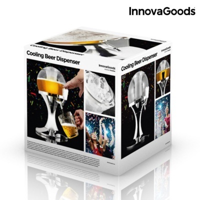 Embalagem do dispensador de cerveja 'Cooling Beer Dispenser' da InnovaGoods com fotos do produto e de festas