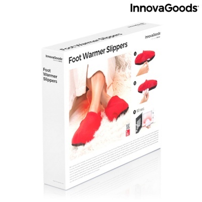 Embalagem de pantufas aquecedoras de pés vermelhas InnovaGoods com instruções de uso