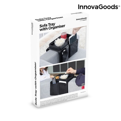 Embalagem do produto InnovaGoods Sofa Tray with Organiser com fotos do produto em uso no sofá