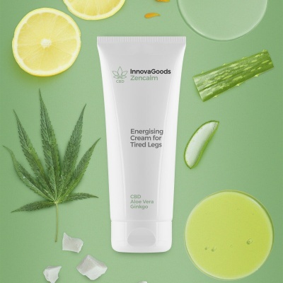 Creme Energizante para Pernas Cansadas InnovaGoods com ingredientes naturais sobre fundo verde