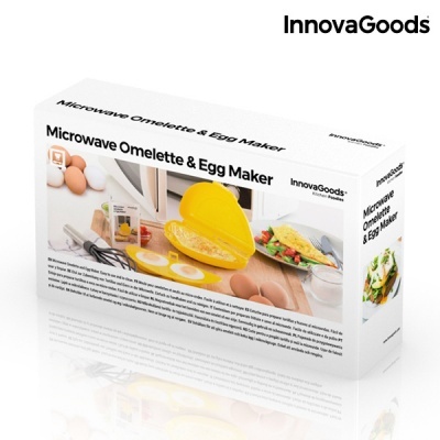 Caixa branca de 'Microwave Omelette & Egg Maker' com utensílio amarelo em formato de meia-lua e imagens de omeletes e ovos.