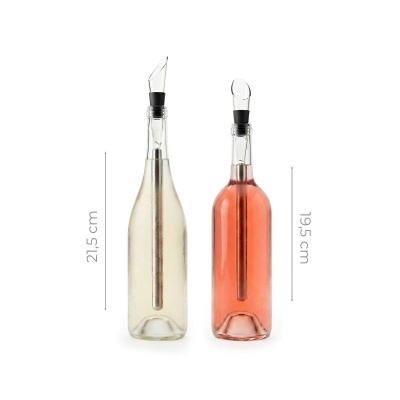 Duas garrafas de vidro transparente com tampas doseadoras e líquidos branco e rosa.