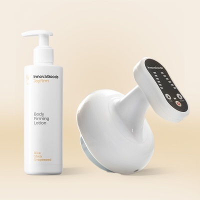Frasco branco de Body Firming Lotion e dispositivo digital branco com visor