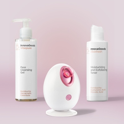Produtos de cuidados de pele InnovaGoods: gel limpeza facial, toner hidratante, dispositivo oval branco e rosa