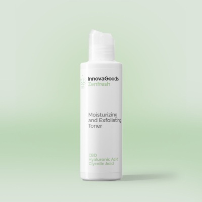 Frasco branco de toner hidratante e exfoliante InnovaGoods Zenfresh com texto e tampa clara