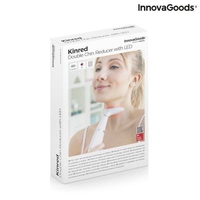 Embalagem branca do produto Kinred Double Chin Reducer with LED da InnovaGoods com imagem de mulher usando dispositivo no pescoço